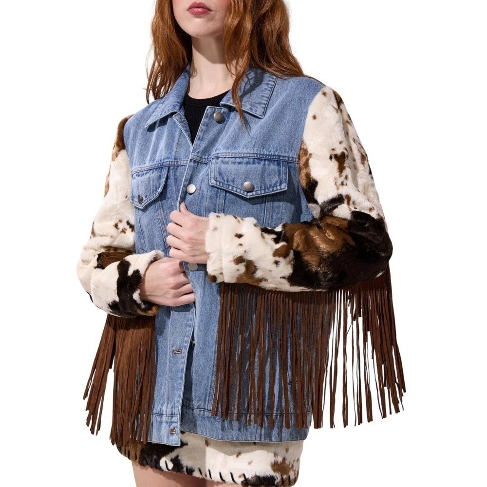 AZALEA WANG Lila Western Denim Jacket Cow Print Faux Fur Sleeves Fringe L NWT